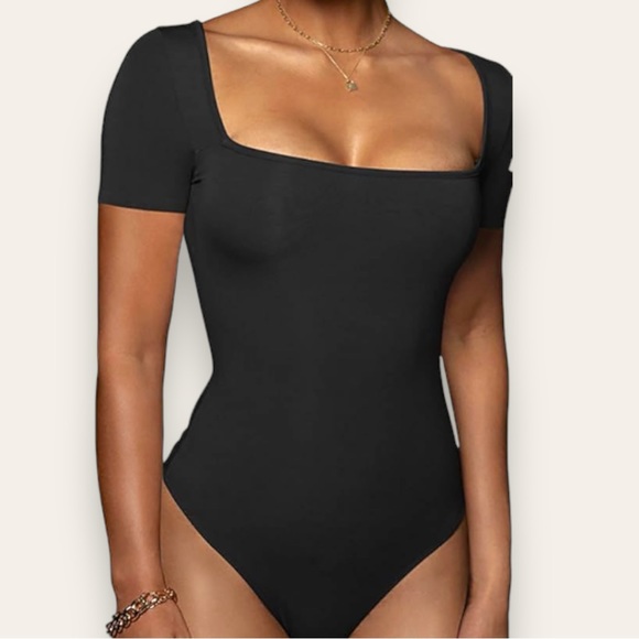 NWT Black Square neck short sleeved bodysuit with snap bottom cotton never worn - Picture 2 of 6